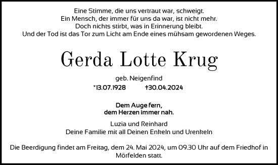 Traueranzeige von Gerda Lotte Krug von OF