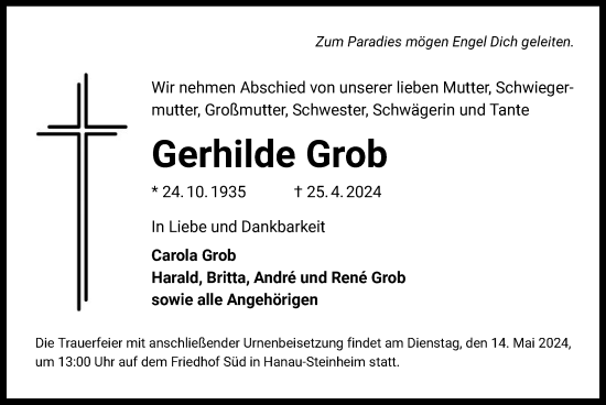 Traueranzeige von Gerhilde Grob von OF