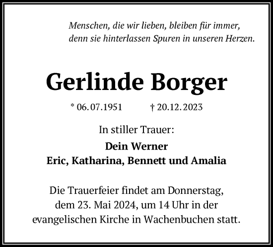 Traueranzeige von Gerlinde Borger von OF