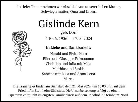 Traueranzeige von Gislinde Kern von OF