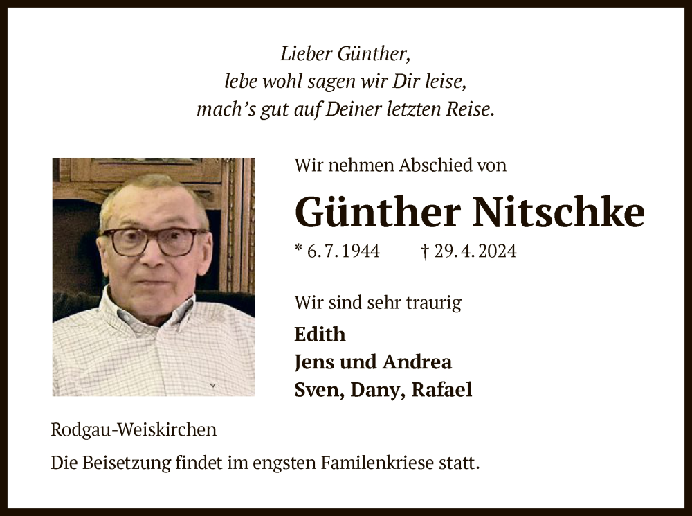  Traueranzeige für Günther Nitschke vom 18.05.2024 aus OF