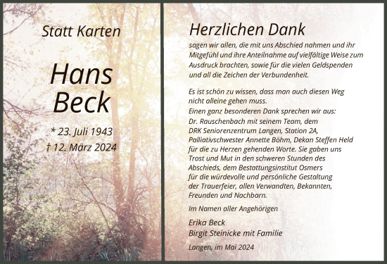 Traueranzeige von Hans Beck von OF