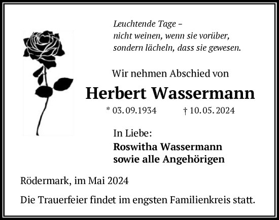 Traueranzeige von Herbert Wassermann von OF