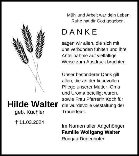 Traueranzeige von Hilde Walter von OF