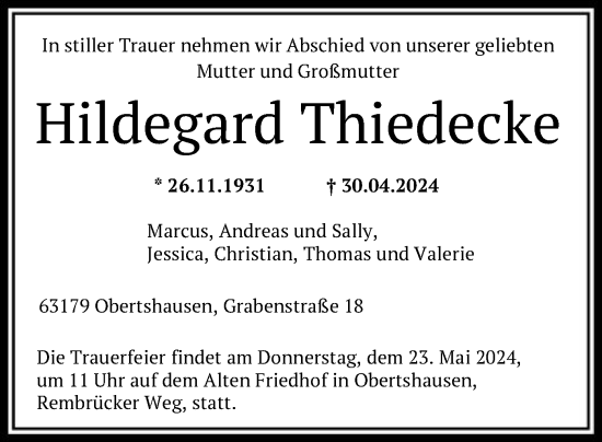 Traueranzeige von Hildegard Thiedecke von OF