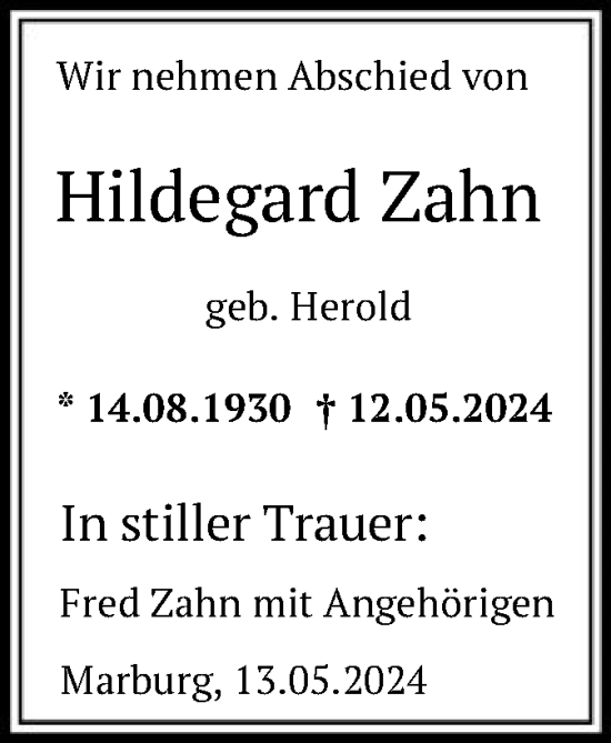 Traueranzeige von Hildegard Zahn von OF