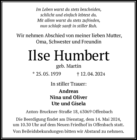 Traueranzeige von Ilse Humbert von OF