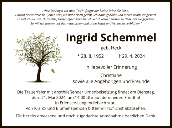 Traueranzeige von Ingrid Schemmel von OF