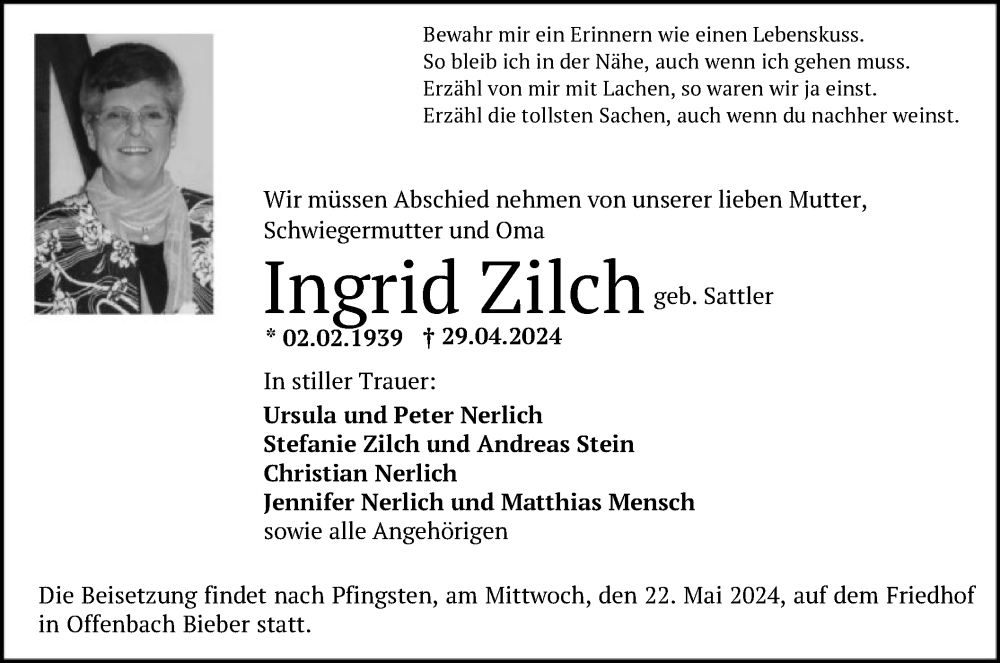  Traueranzeige für Ingrid Zilch vom 11.05.2024 aus OF