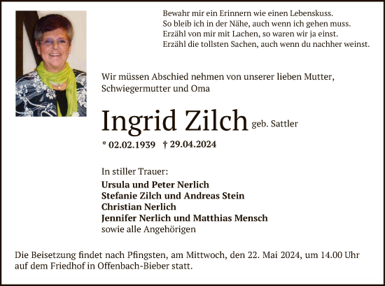 Traueranzeige von Ingrid Zilch von OF