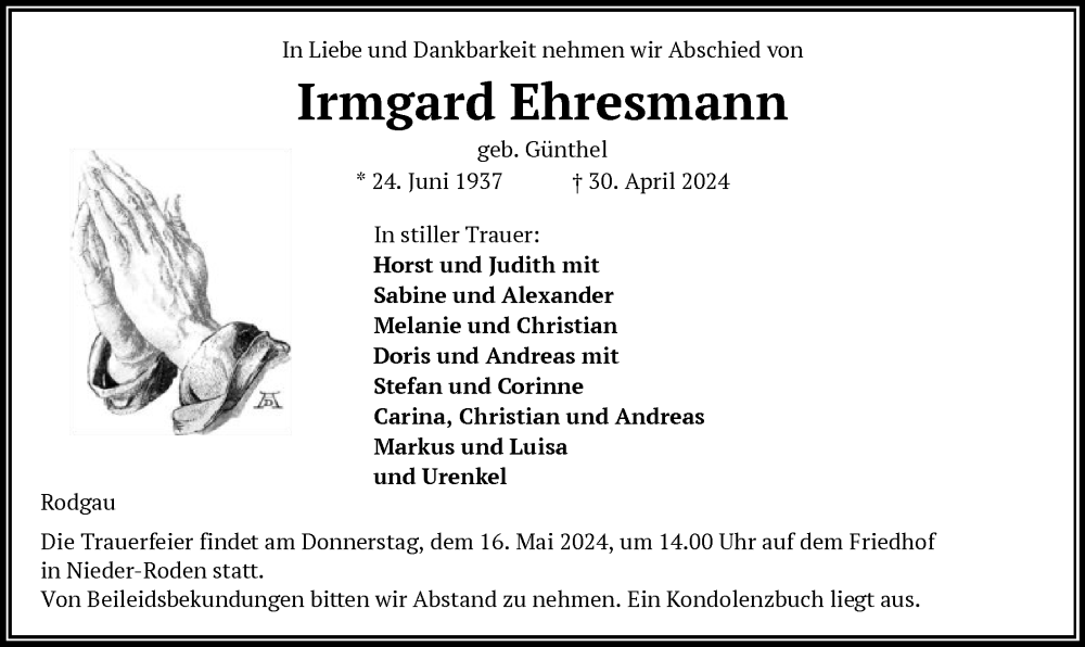  Traueranzeige für Irmgard Ehresmann vom 11.05.2024 aus OF