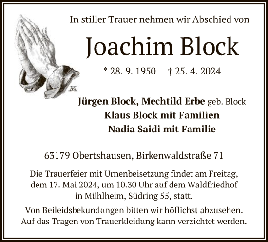 Traueranzeige von Joachim Block von OF