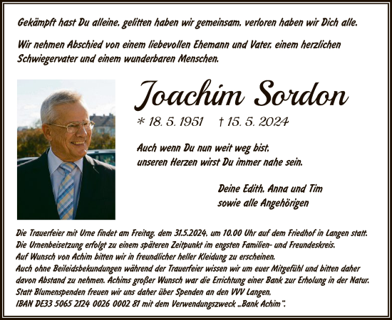 Traueranzeige von Joachim Sordon von OF