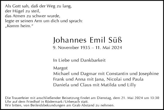 Traueranzeige von Johannes Emil Süß von OF