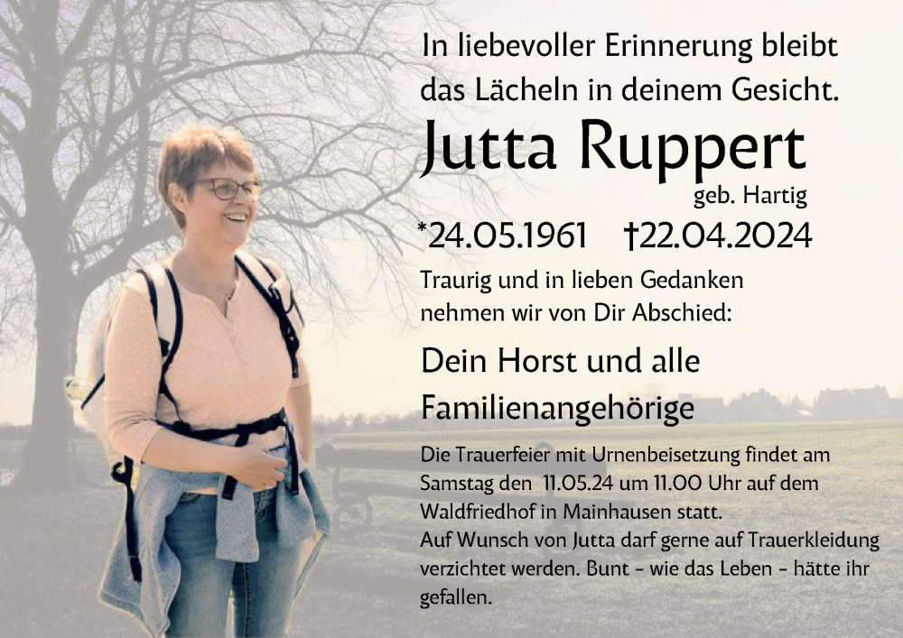  Traueranzeige für Jutta Ruppert vom 04.05.2024 aus OF