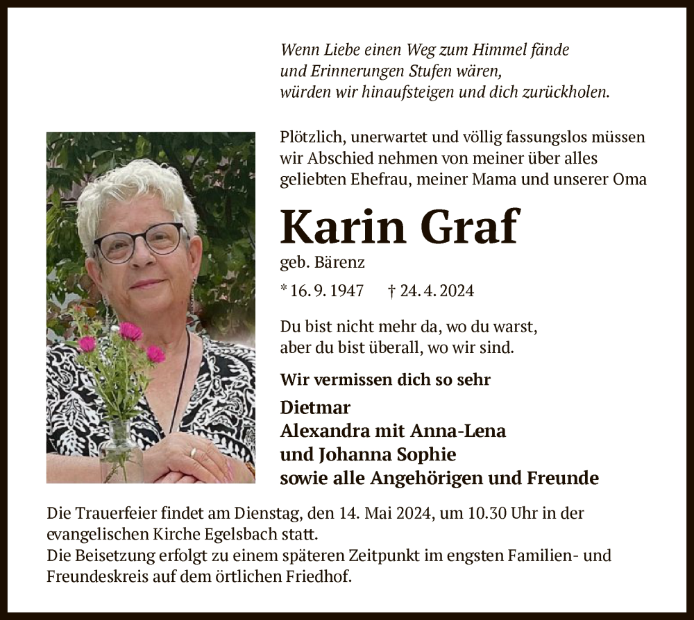  Traueranzeige für Karin Graf vom 11.05.2024 aus OF