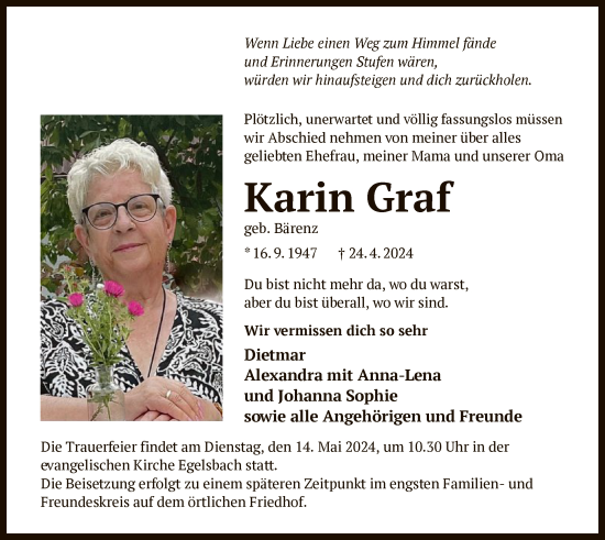 Traueranzeige von Karin Graf von OF