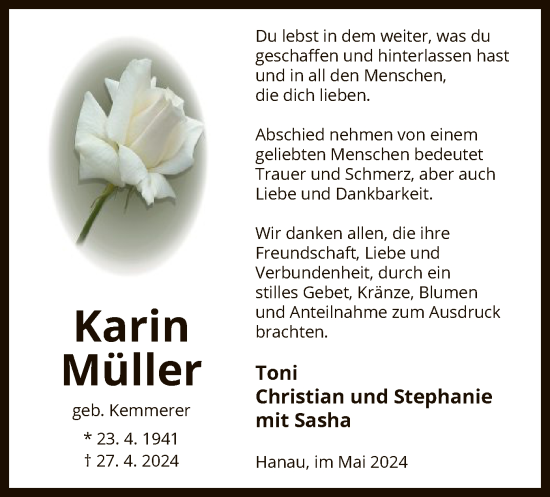 Traueranzeige von Karin Müller von OF