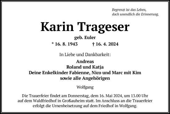 Traueranzeige von Karin Trageser von OF