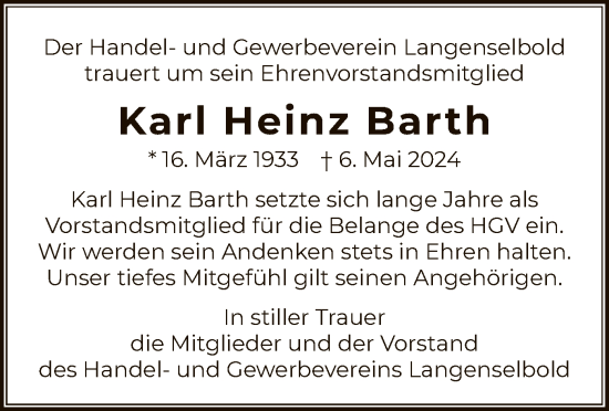 Traueranzeige von Karl Heinz Barth von OF