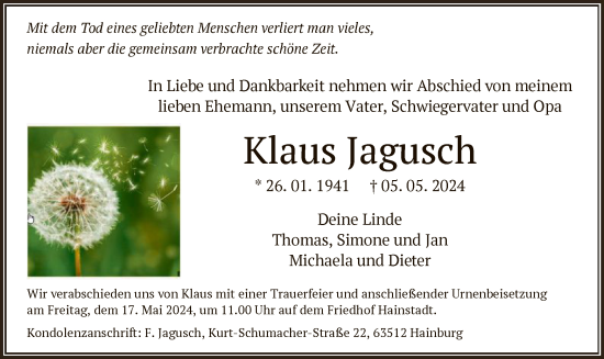 Traueranzeige von Klaus Jagusch von OF