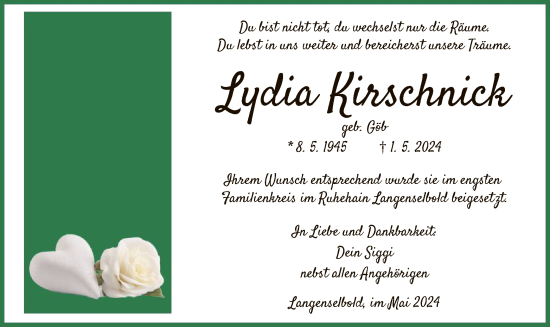 Traueranzeige von Lydia Kirschnick von OF