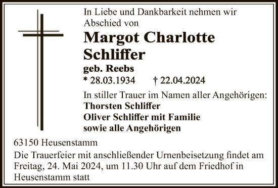 Traueranzeige von Margot Charlotte Schliffer von OF