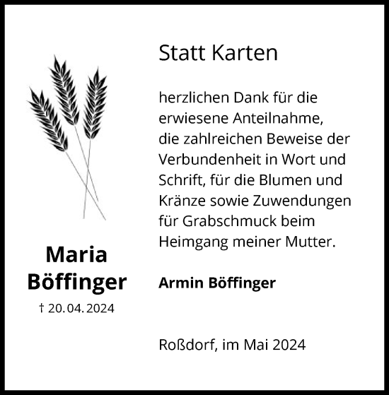 Traueranzeige von Maria Böffinger von OF