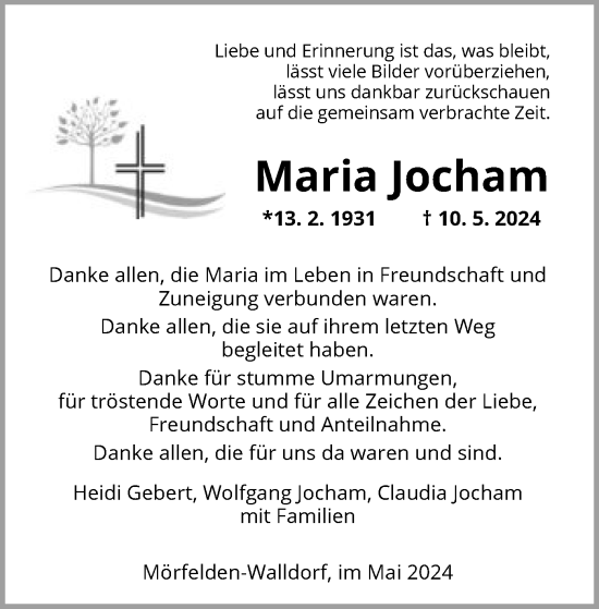 Traueranzeige von Maria Jocham von OF