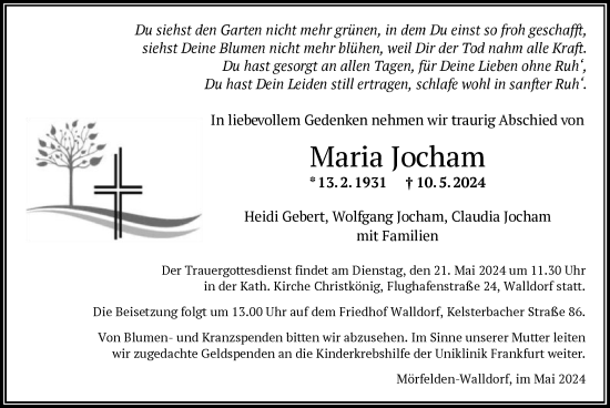 Traueranzeige von Maria Jocham von OF