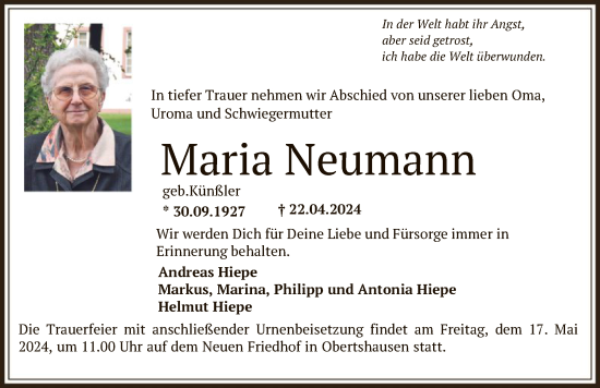 Traueranzeige von Maria Neumann von OF