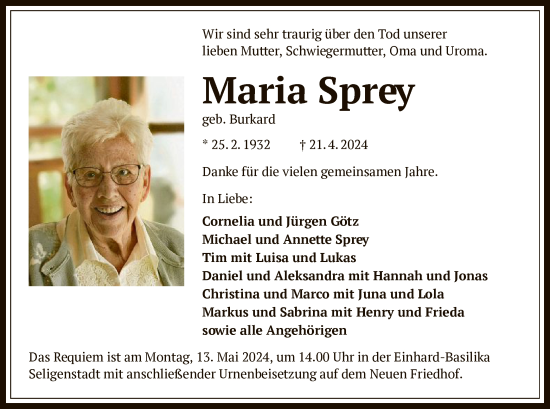 Traueranzeige von Maria Sprey von OF