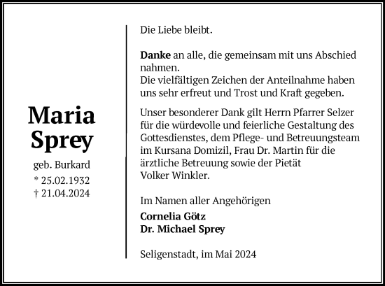 Traueranzeige von Maria Sprey von OF