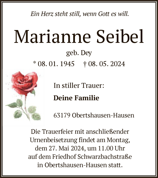 Traueranzeige von Marianne Seibel von OF