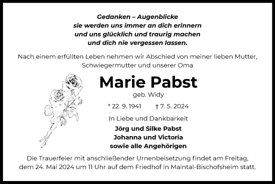 Traueranzeige von Marie Pabst von OF