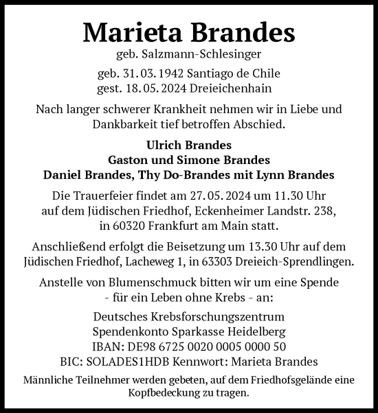 Traueranzeige von Marieta Brandes von OF