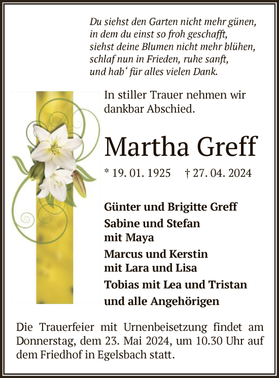 Traueranzeige von Martha Greff von OF