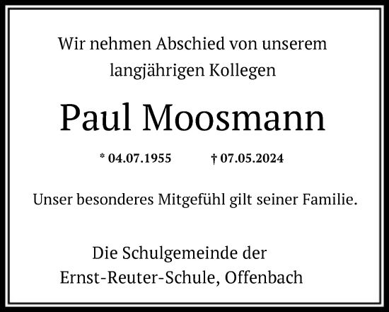 Traueranzeige von Paul Moosmann von OF