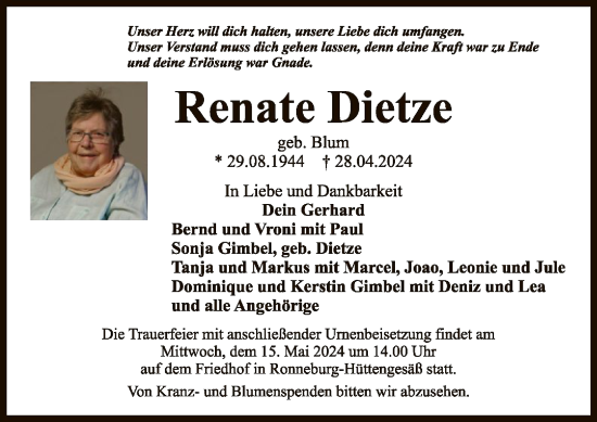 Traueranzeige von Renate Dietze von OF