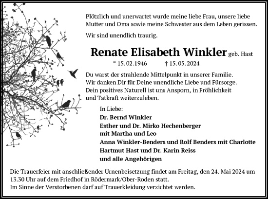 Traueranzeige von Renate Elisabeth Winkler von OF