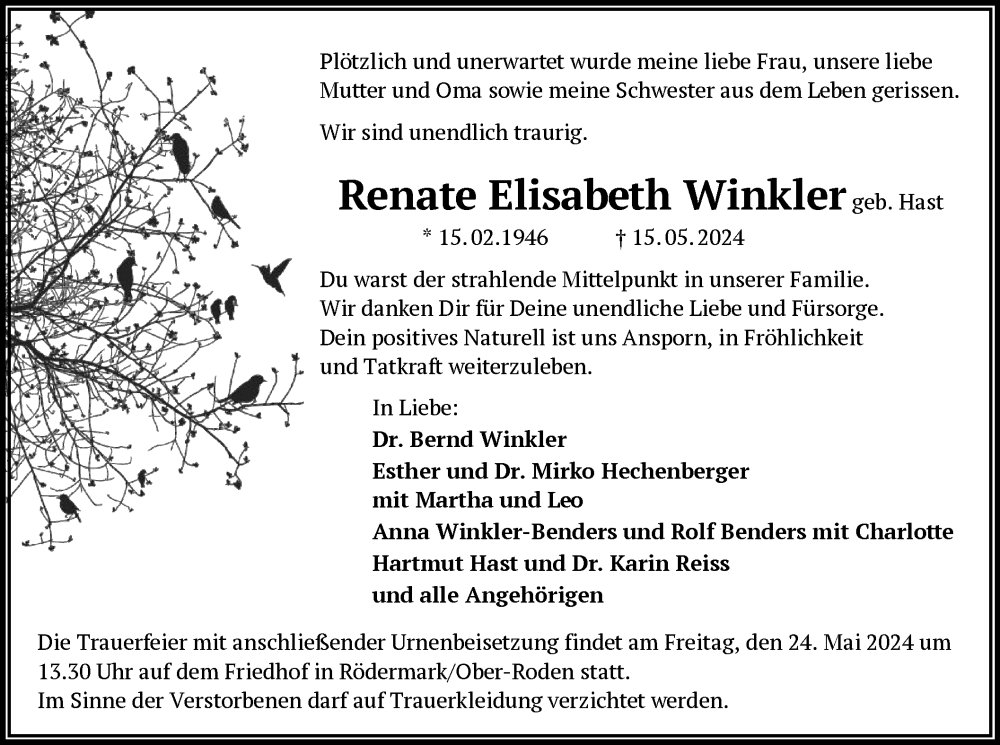  Traueranzeige für Renate Elisabeth Winkler vom 18.05.2024 aus OF