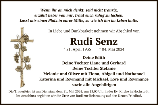 Traueranzeige von Rudi Senz von OF