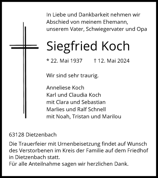 Traueranzeige von Siegfried Koch von OF