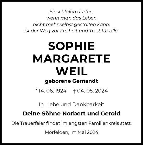 Traueranzeige von Sophie Margarete Weil von OF