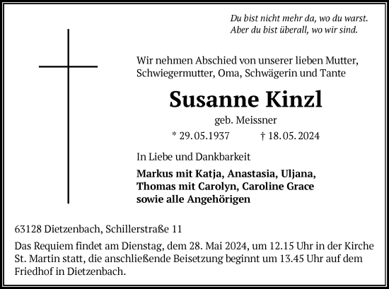 Traueranzeige von Susanne Kinzl von OF