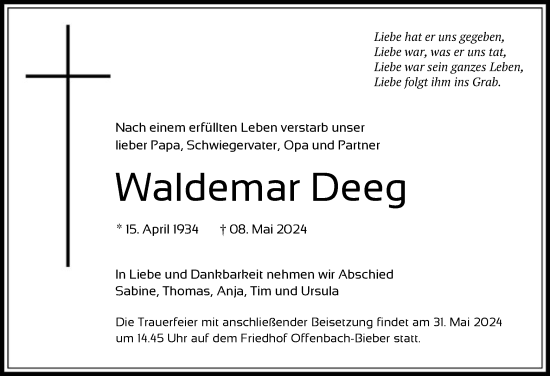 Traueranzeige von Waldemar Deeg von OF