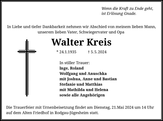 Traueranzeige von Walter Kreis von OF