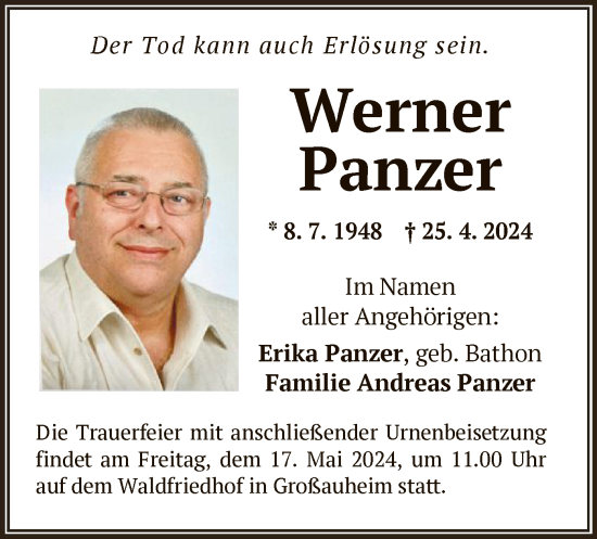 Traueranzeige von Werner Panzer von OF