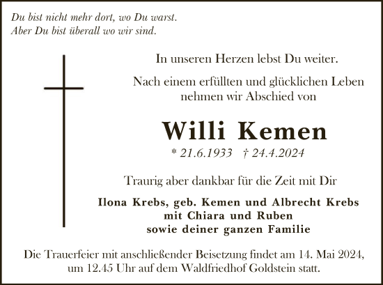 Traueranzeige von Willi Kemen von OF