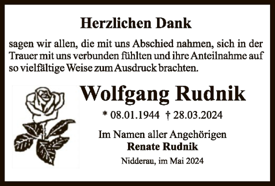 Traueranzeige von Wolfgang Rudnik von OF